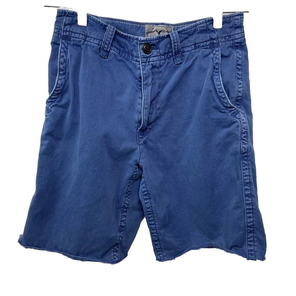 American Eagle Chino Shorts Blue Flat Front 100% Cotton Cut Raw Hem Gorpcore 28‎